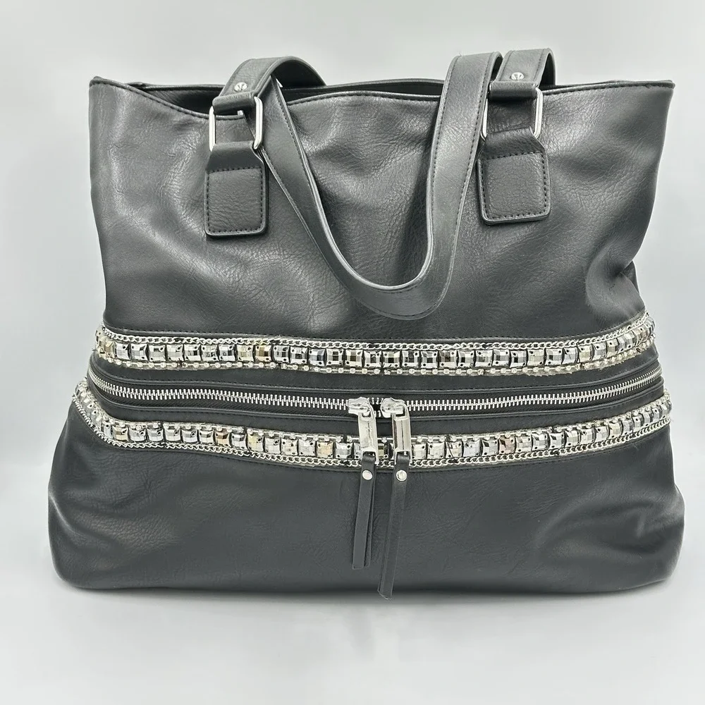 Faux Leather Black Silver Jeweled Large Shoulder Tote Bag 17 X 12 X 6 Edgy Chic
